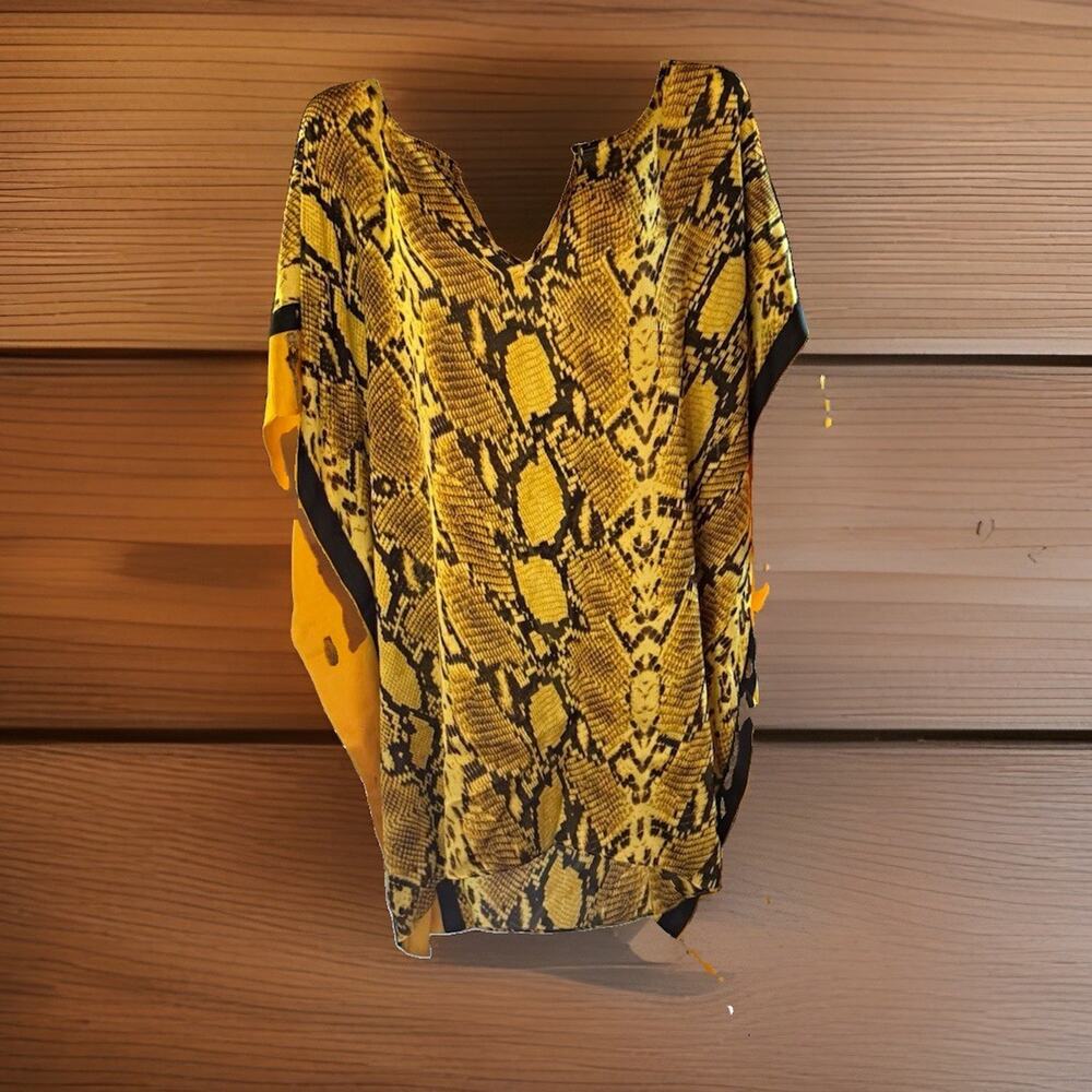 New York & Company Yellow/Black Snake Print Chiffon Tunic Blouse XL